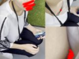 【休憩所の胸チラ】同じオフィスビル内（通信メンテ系会社のOL）美人女性の喫煙中の胸チラ