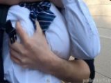 【痴漢#12続き】ブラウスがはち切れそうな巨乳JKのおっぱい鷲掴み
